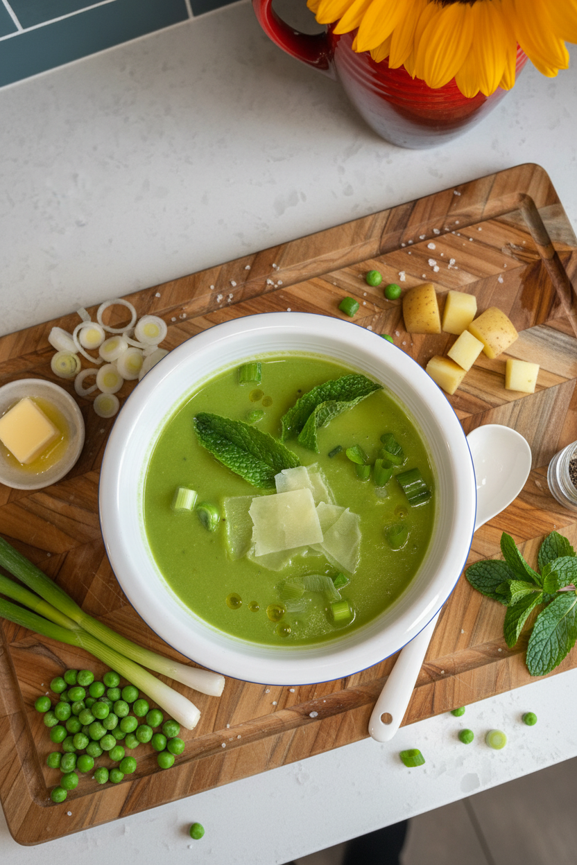 Fresh Pea Mint and Spring Onion Soup