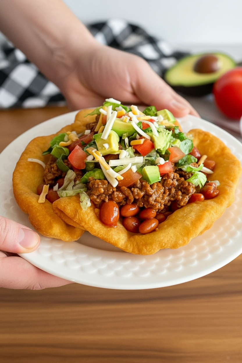 Fry Bread Tacos with Spiced Beef Toppings