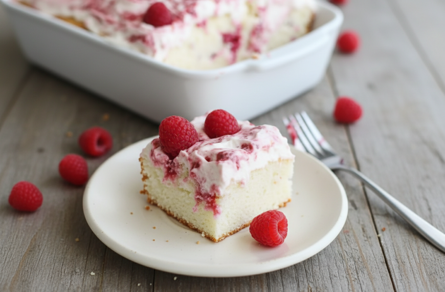 Raspberry cheesecake slice with fresh raspberries, served on a white plate with a rustic wooden back.
