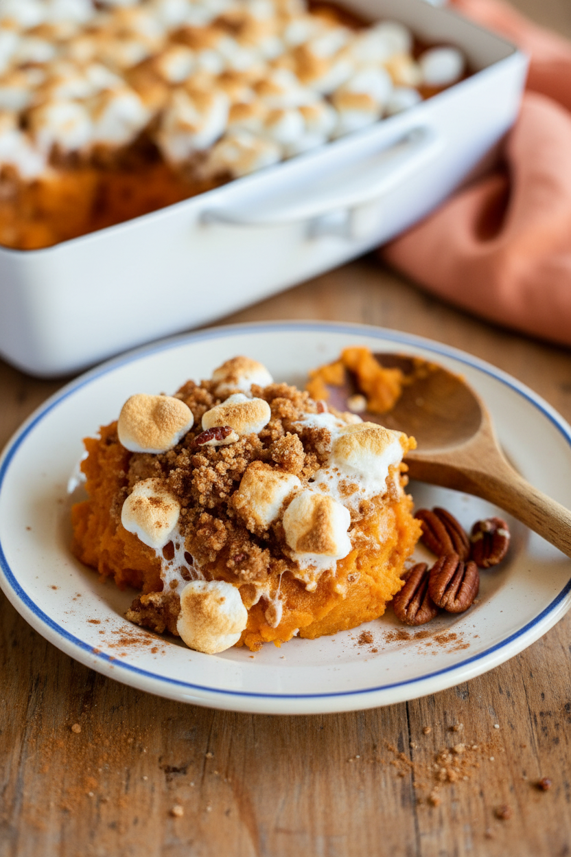 Grandmas Sweet Potato Casserole with Pecan Marshmallow Topping