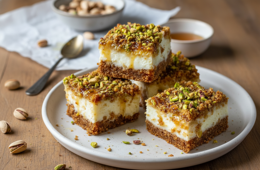 Delicious pistachio cheesecake bars with crunchy crust and creamy filling.