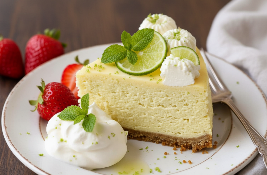 Lemon lime cheesecake topped with fresh lime slices, mint, and whipped cream, served with strawberri.