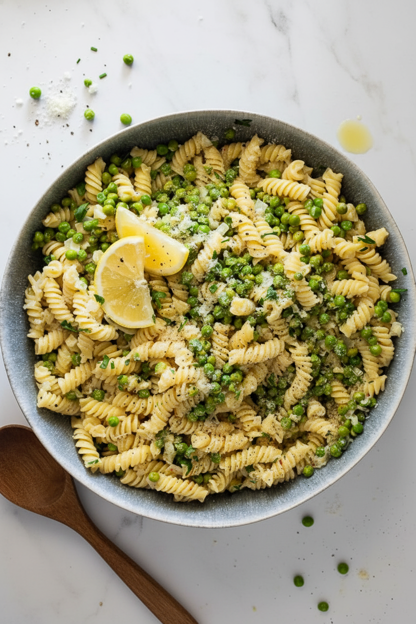 Lemon Garlic Pasta with Peas and Cream