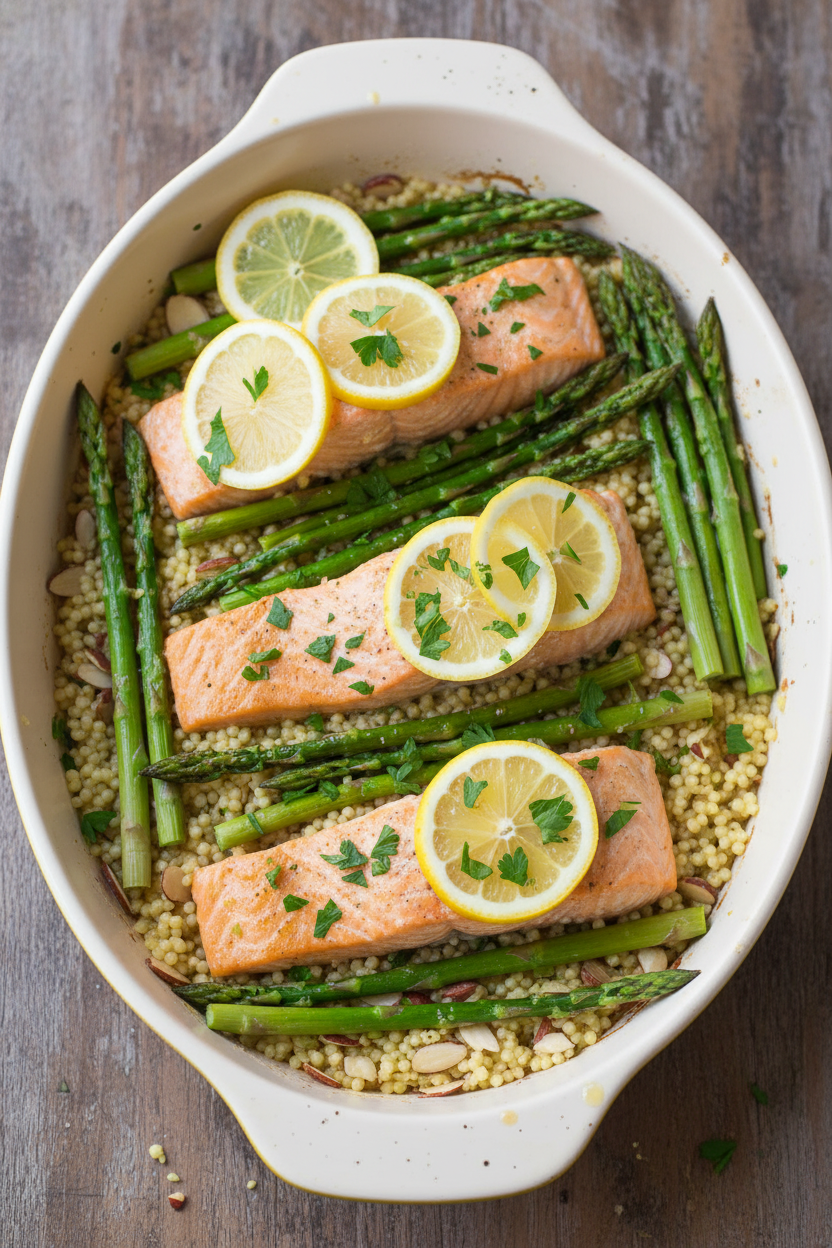 Lemon Garlic Salmon with Asparagus Bake
