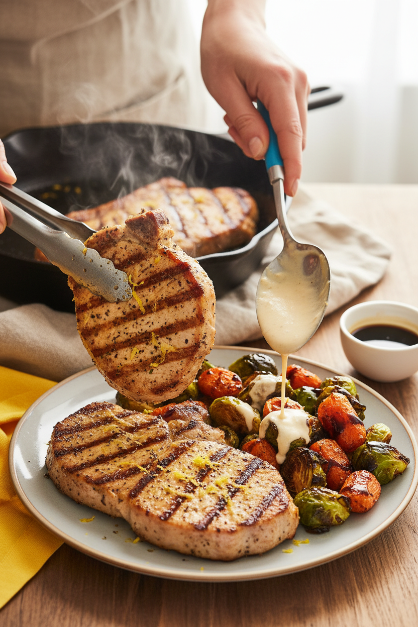 Lemon Herb Pork Chops with Roasted Carrots