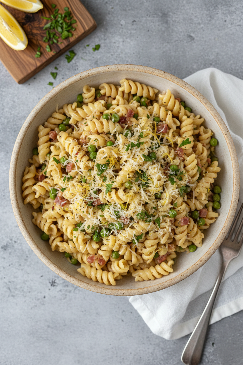 Lemon Pancetta Pasta with Peas