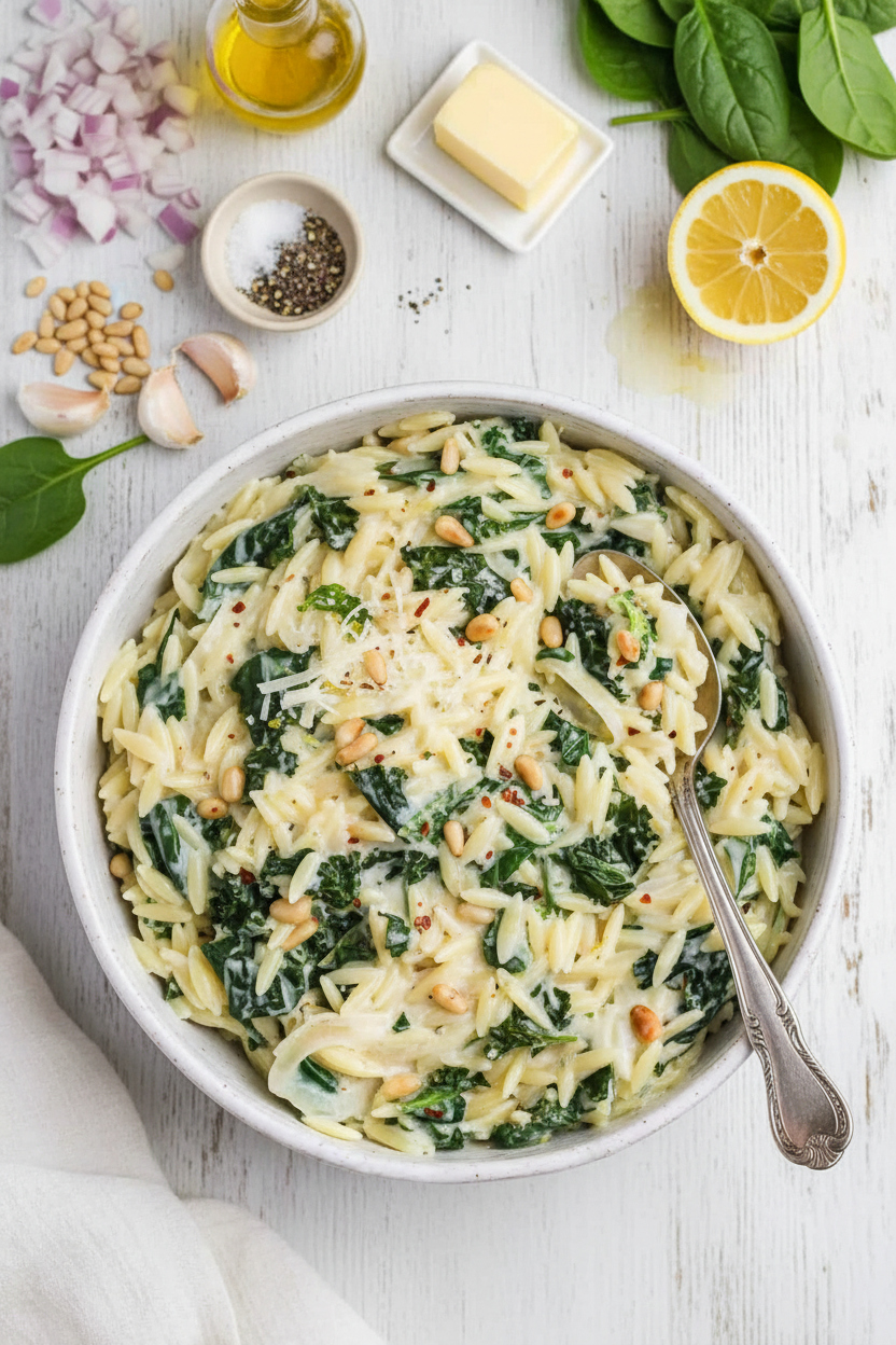 Lemony Parmesan Orzo with Creamed Spinach