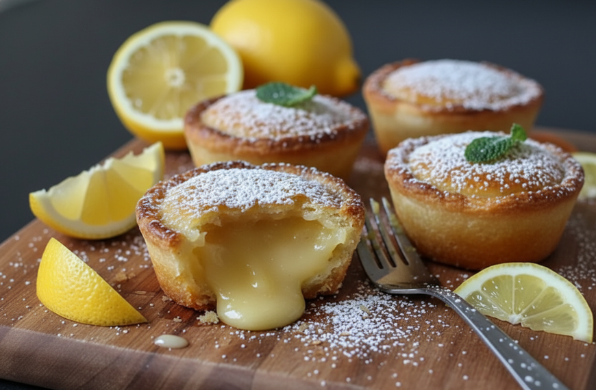 Delicious lemon curd muffins garnished with mint, served with fresh lemon slices.