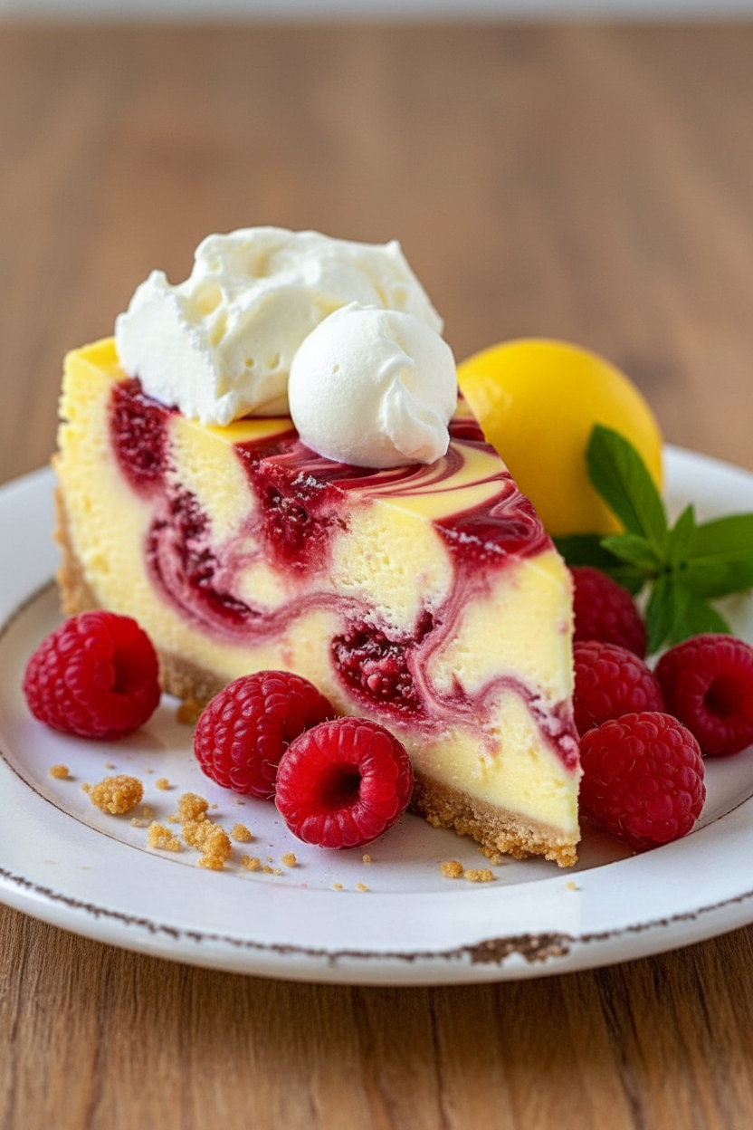 My Favorite Lemon Raspberry Swirl Cheesecake