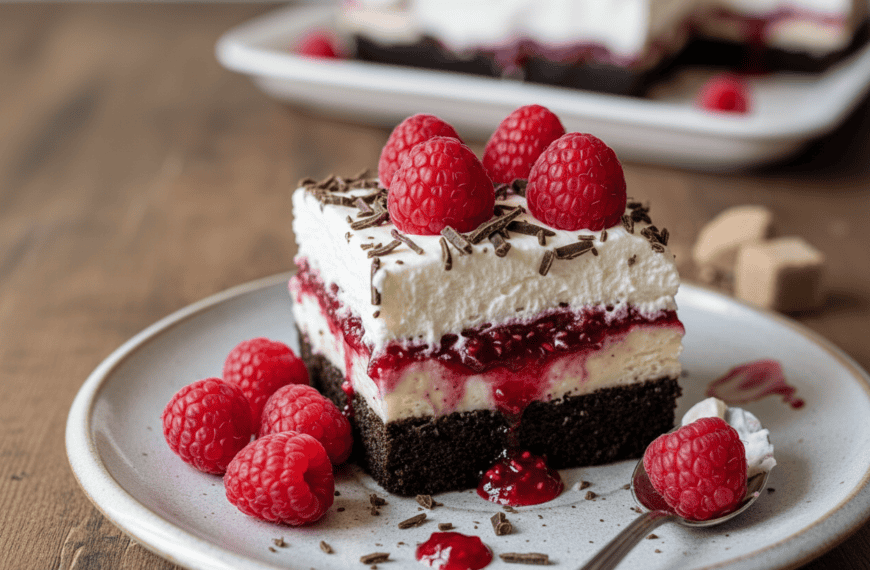 Raspberry cheesecake with chocolate crust, creamy layers, and fresh raspberries on top. Perfect dess.