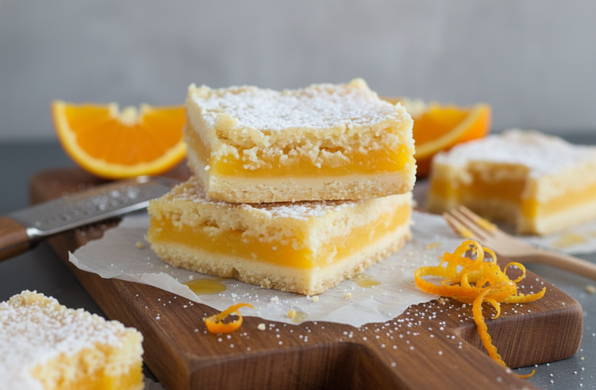 Delicious lemon bars topped with powdered sugar, served on a wooden board with orange slices.