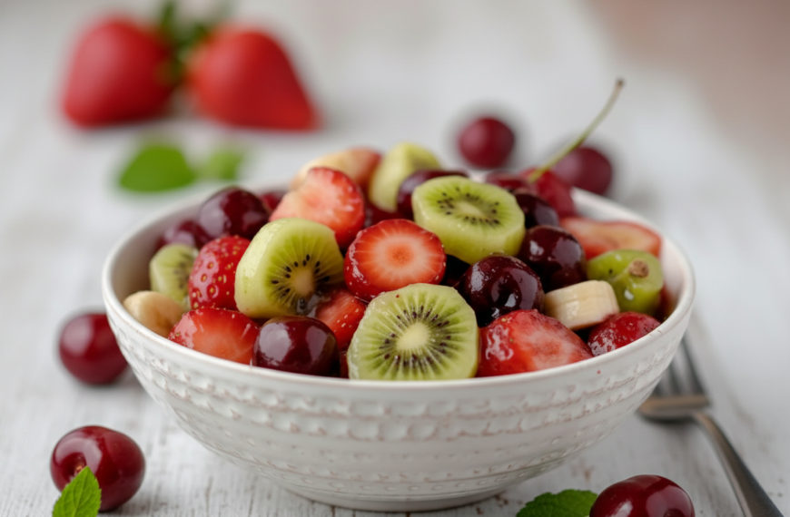 Fresh fruit salad with strawberries, kiwi, cherries, and bananas in a white bowl.