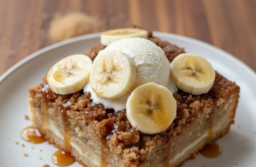 Delicious banana crisp topped with fresh banana slices and caramel drizzle. Perfect for dessert love.