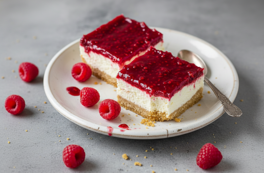 Creamy raspberry cheesecake bars with a graham cracker crust and fresh raspberries.