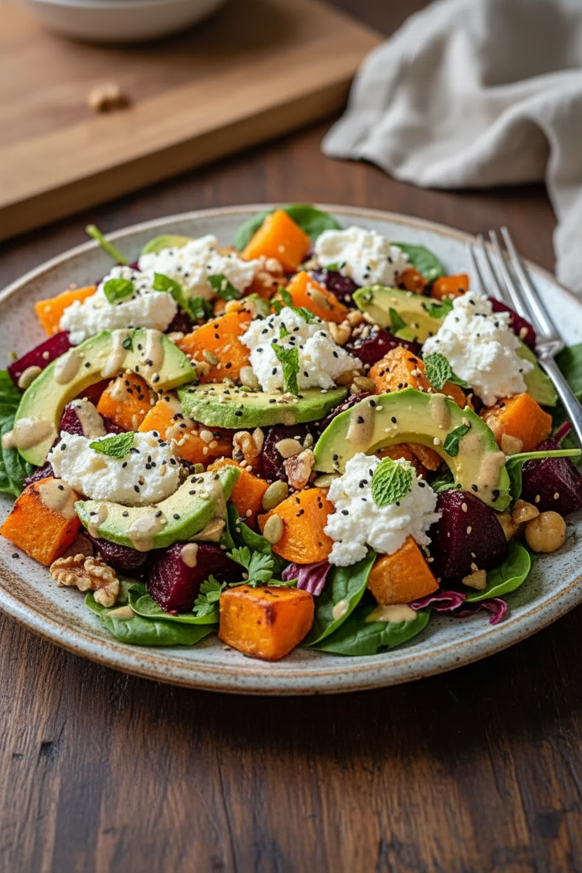 Roasted Beet Sweet Potato and Avocado Salad