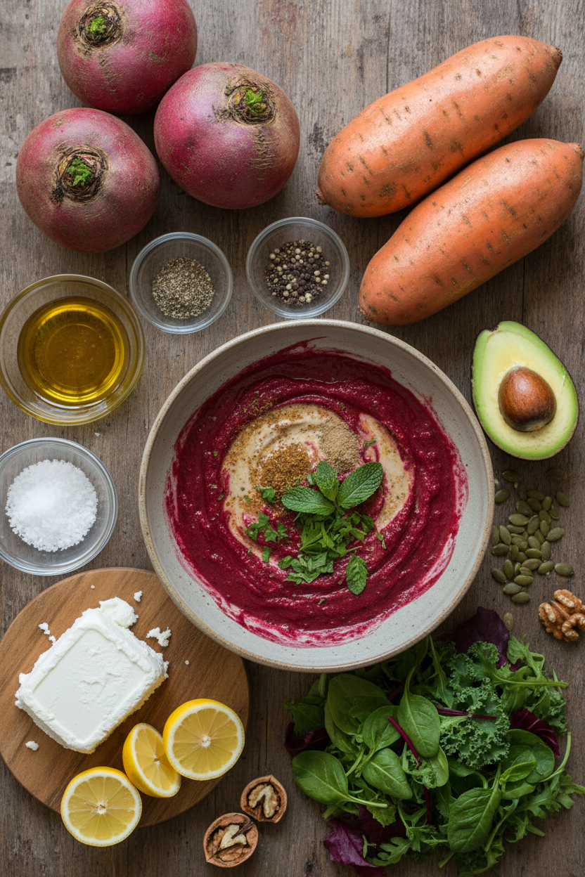 Roasted Beet Sweet Potato and Avocado Salad