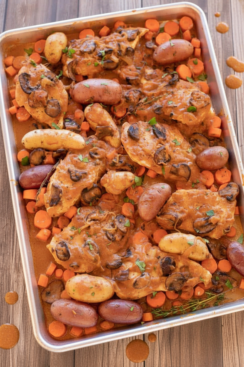 Savory Sheet Pan Chicken with Mushrooms and Carrots