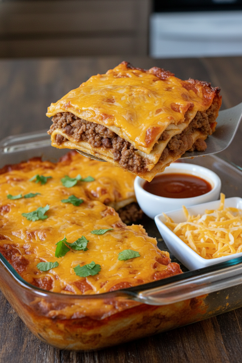 Simple Beef and Bean Enchilada Bake