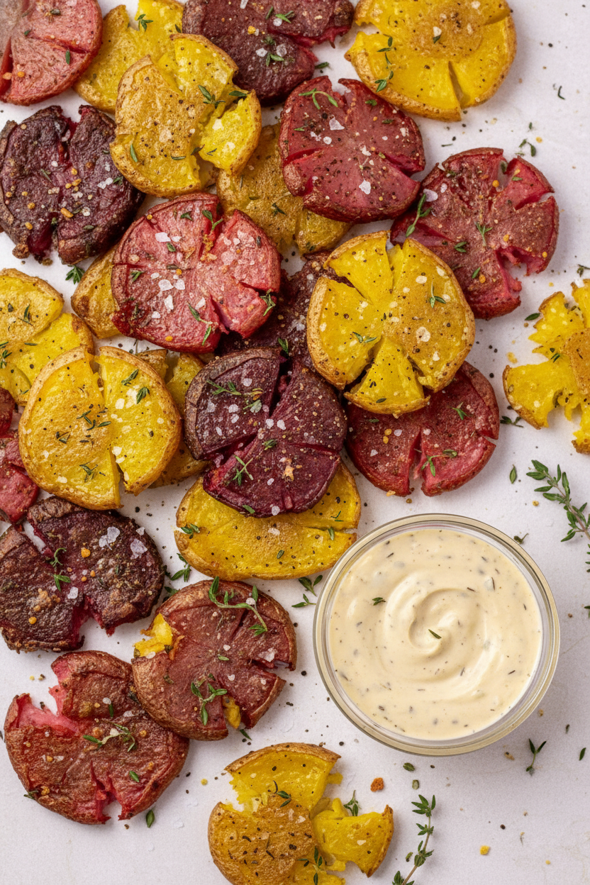 Smashed Fingerlings with Crispy Garlic Aioli