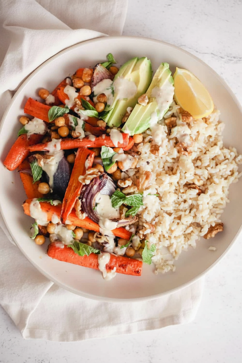 Spiced Roasted Carrot Chickpea Bowl