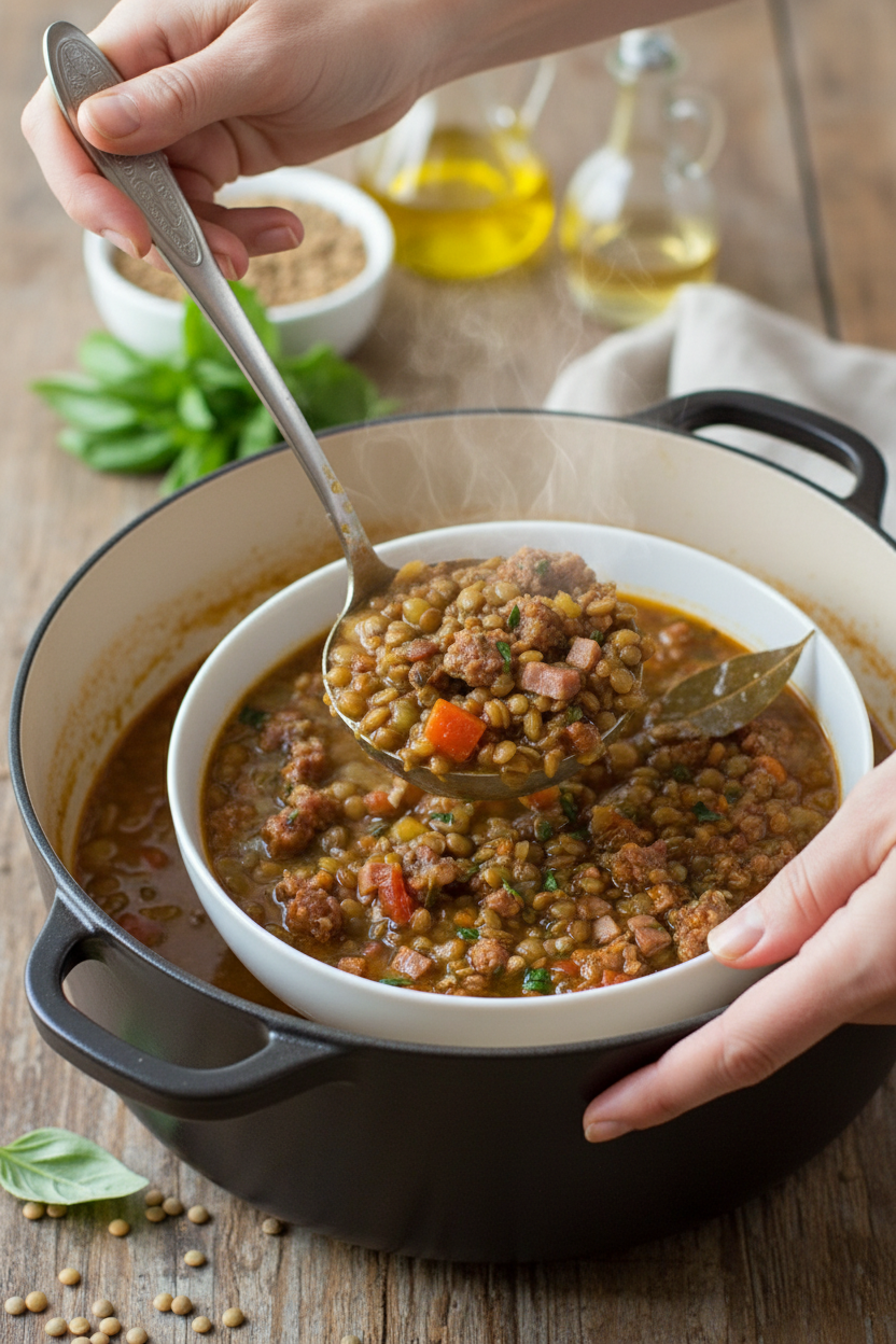 Spicy Sausage Lentil One Pot Soup
