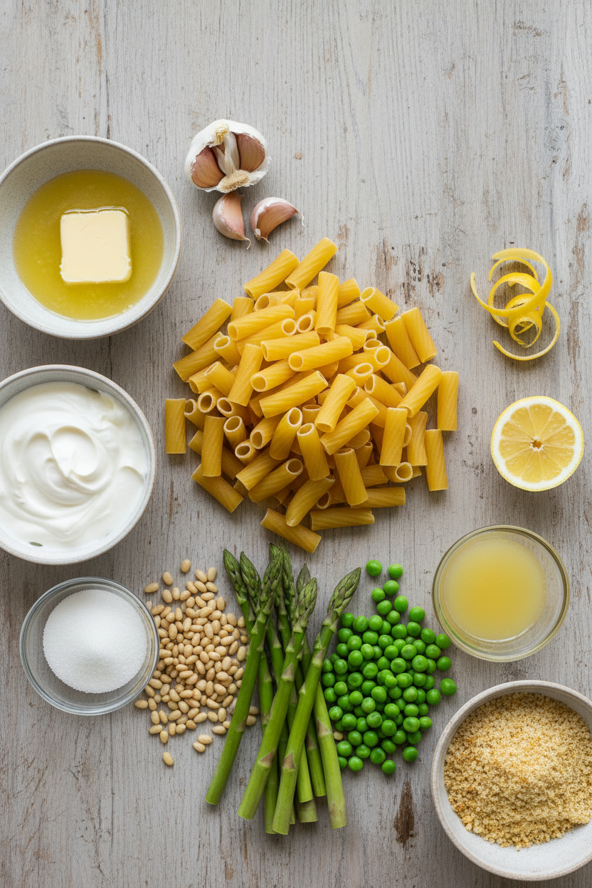 Spring Pea and Asparagus Pasta in Garlic Cream