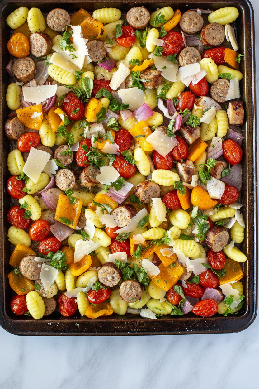Spring Sausage and Gnocchi Sheet Pan Bake