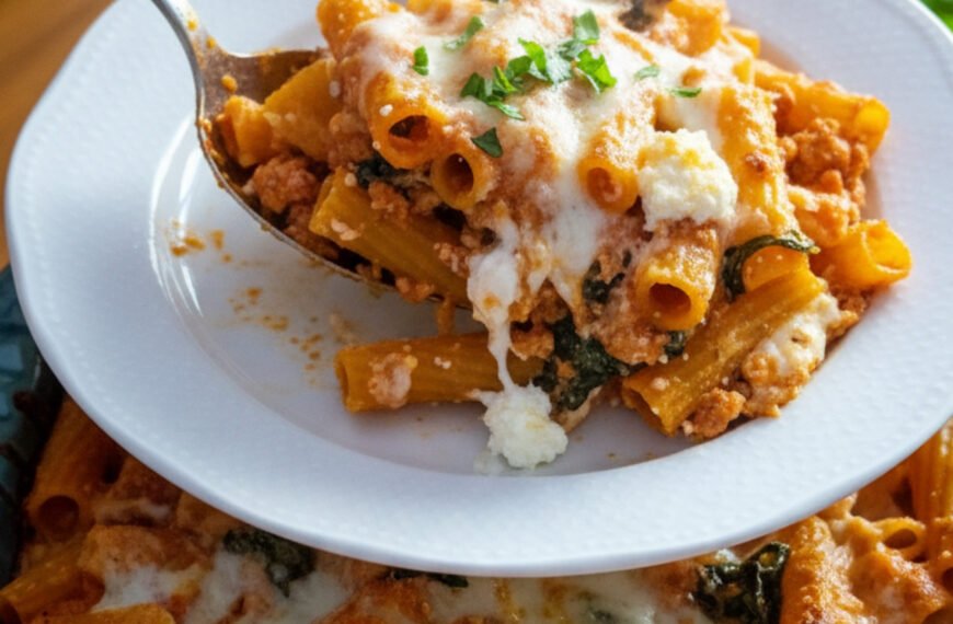 Healthy Baked Ziti with Ground Turkey and Spinach