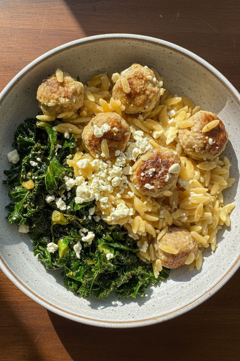 Zesty Chicken Meatballs with Orzo and Greens