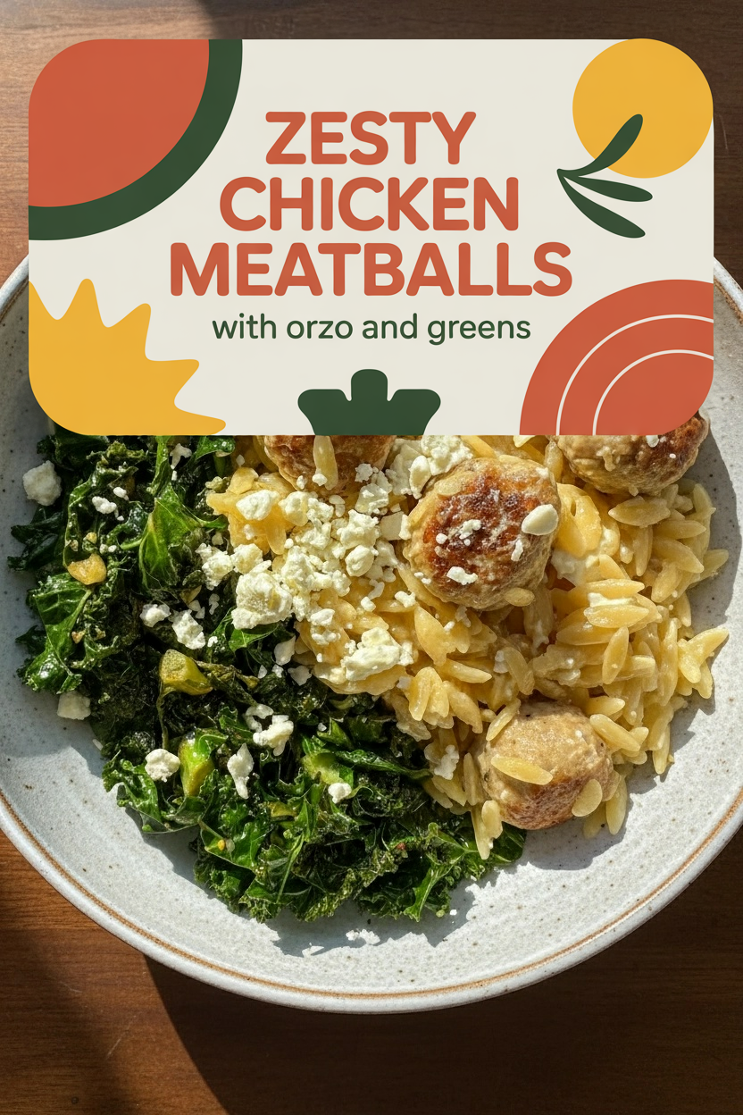 Zesty Chicken Meatballs with Orzo and Greens