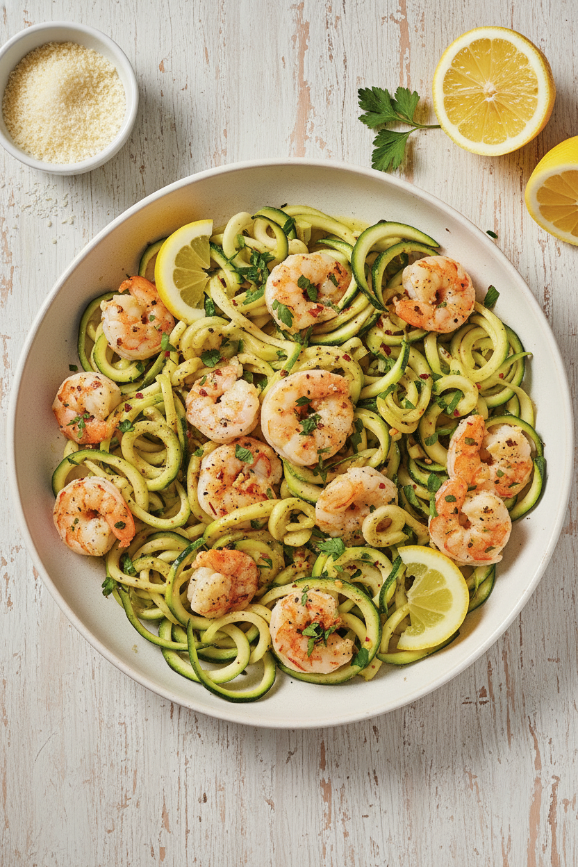 Zesty Garlic Shrimp on Zucchini Ribbons