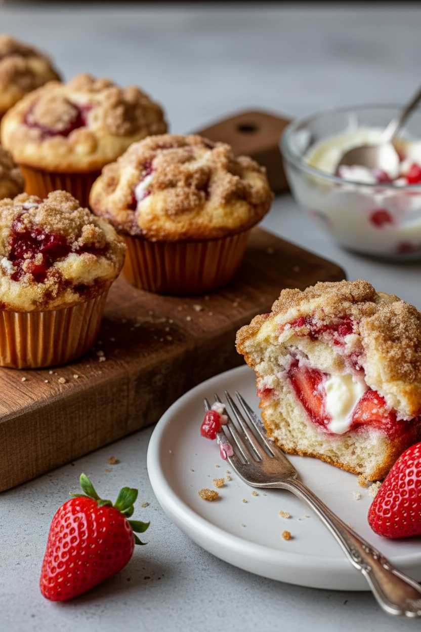 Cream Cheese Swirled Strawberry Crumb Muffins