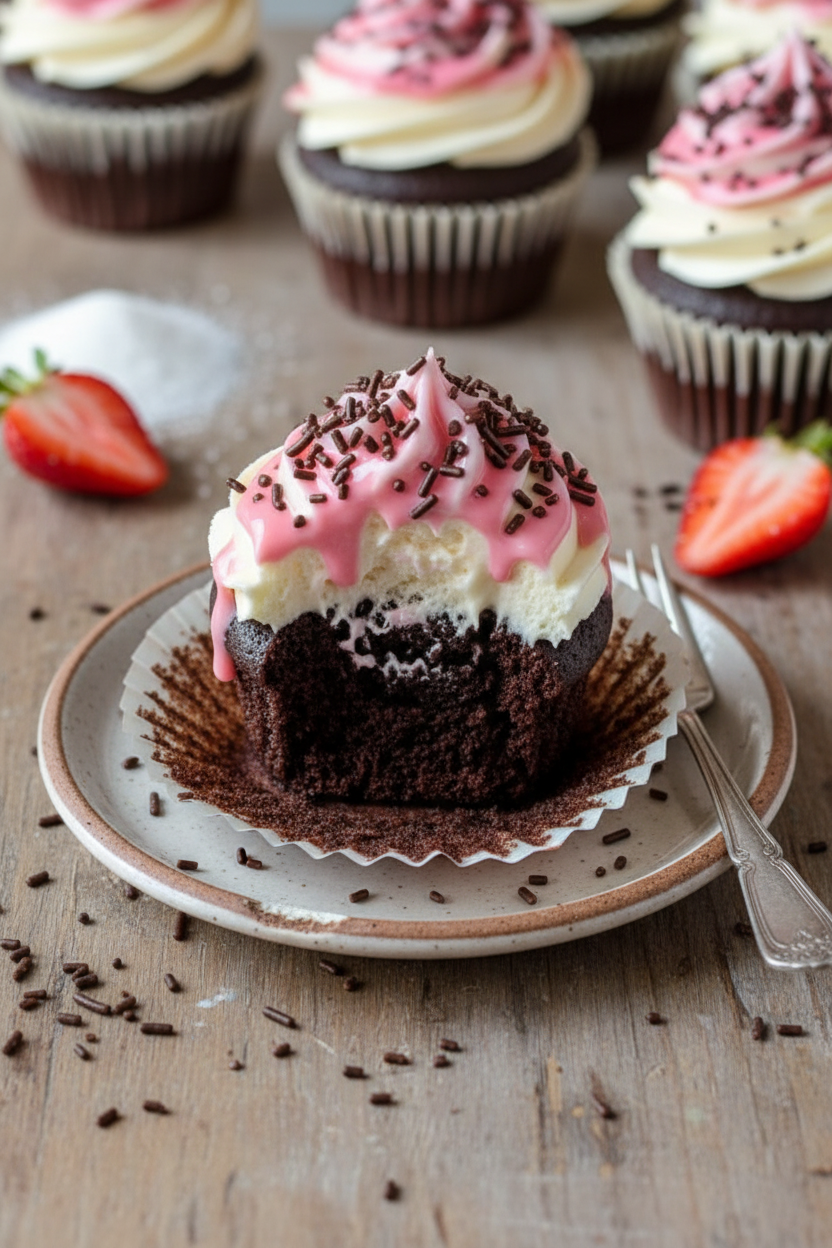 Layered Chocolate Vanilla Cupcakes with Strawberry Cream