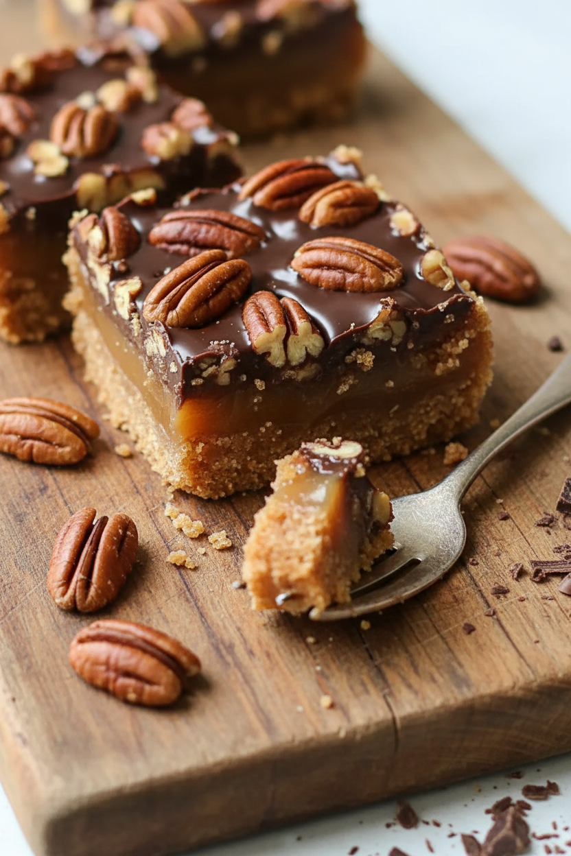 My Ultimate Triple Layer Chocolate Caramel Pecan Bars