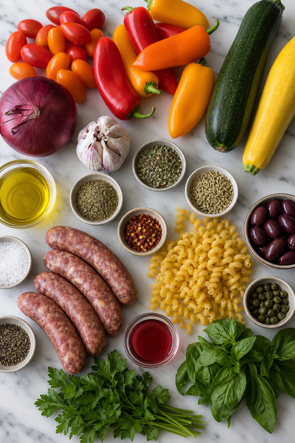 Sheet Pan Sausage and Peppers Pasta