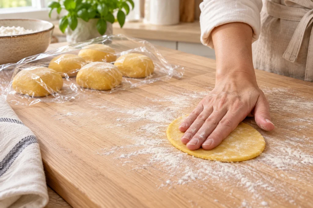 Flattening one dough portion while keeping the remaining portions covered.