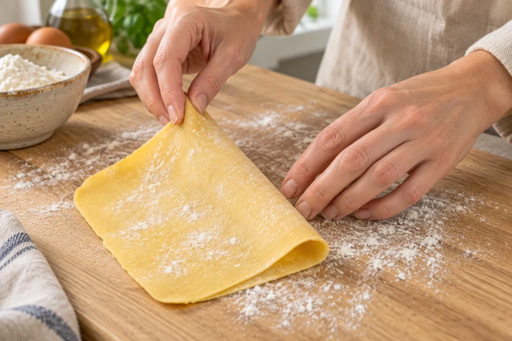 Folding a lightly floured pasta sheet in half before rolling again.