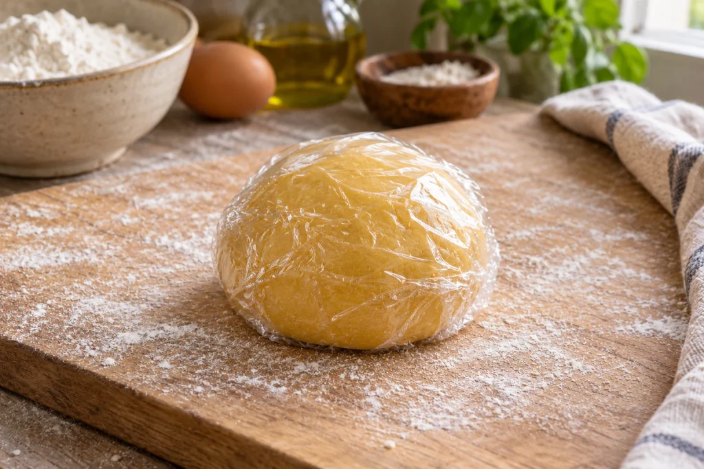 Smooth egg pasta dough wrapped tightly for resting.