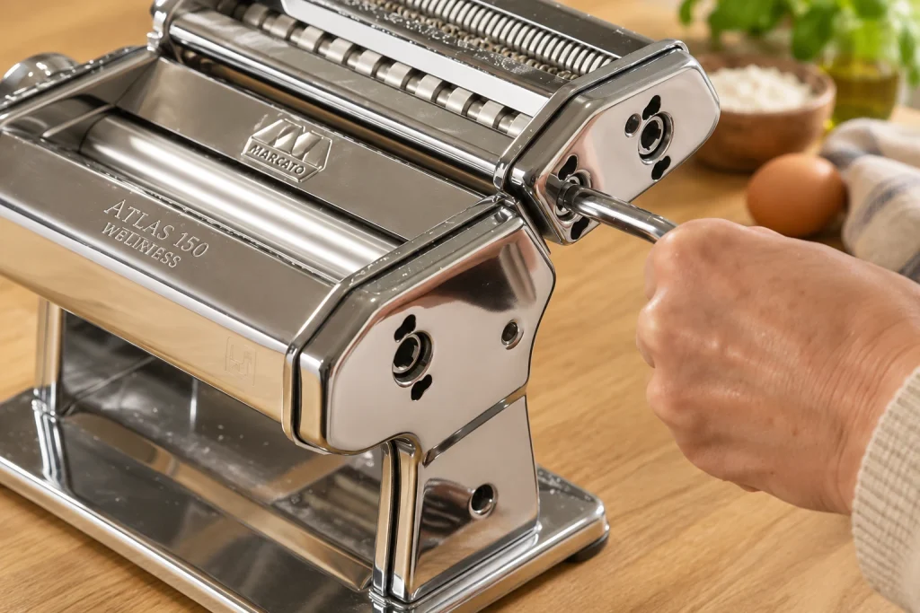 Moving the hand crank from the smooth roller socket to the cutting attachment.