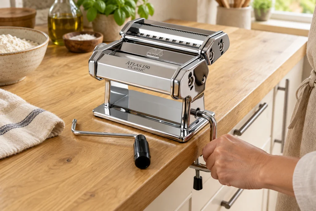 Securing a manual pasta machine to a worktop with its table clamp.