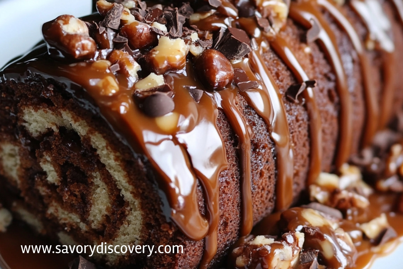 Gooey Chocolate Caramel Turtle Cake Roll