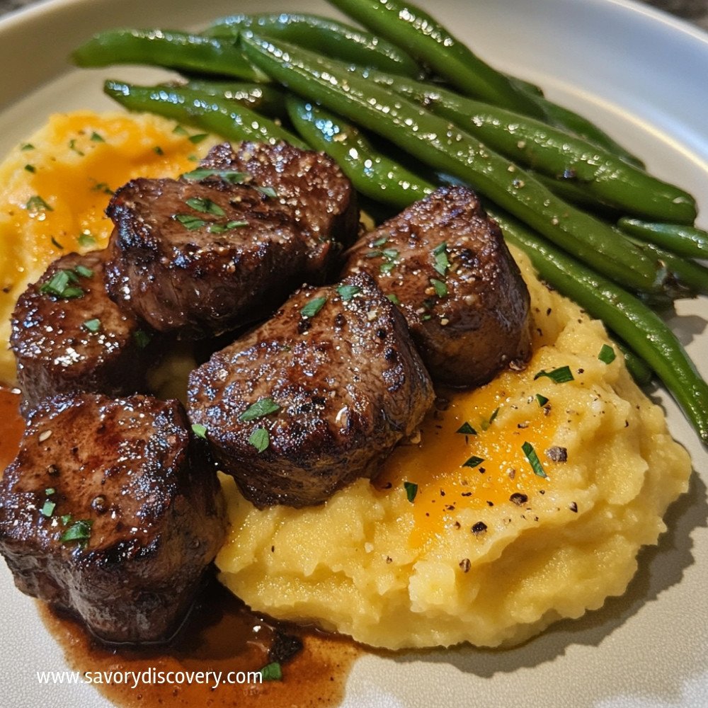 Garlic Steak Bites with Cheddar Mash and Green Beans