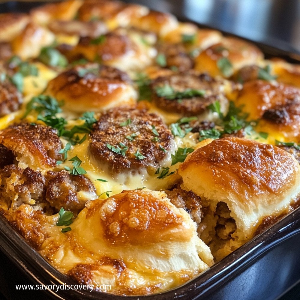Sausage Egg Casserole Topped with Cinnamon Buns
