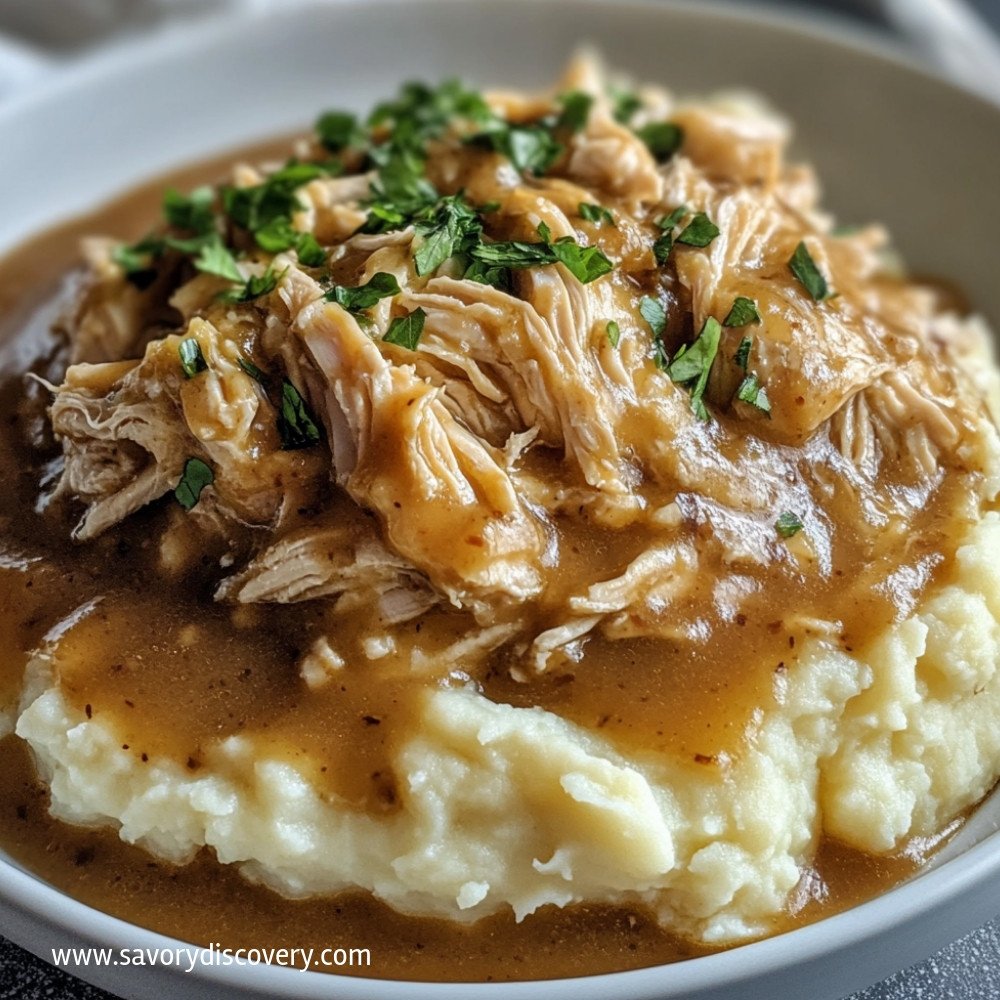 Shredded Chicken Gravy on Mashed Potatoes