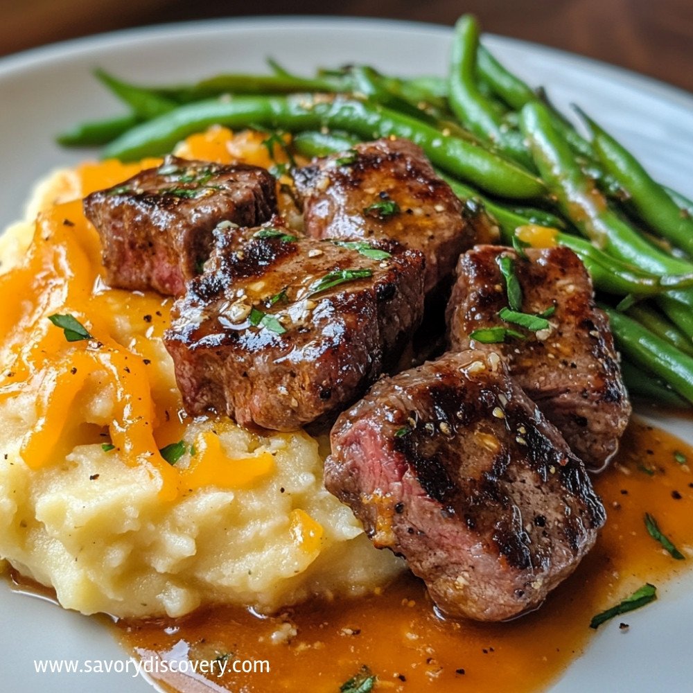 Garlic Steak Bites with Cheddar Mash and Green Beans