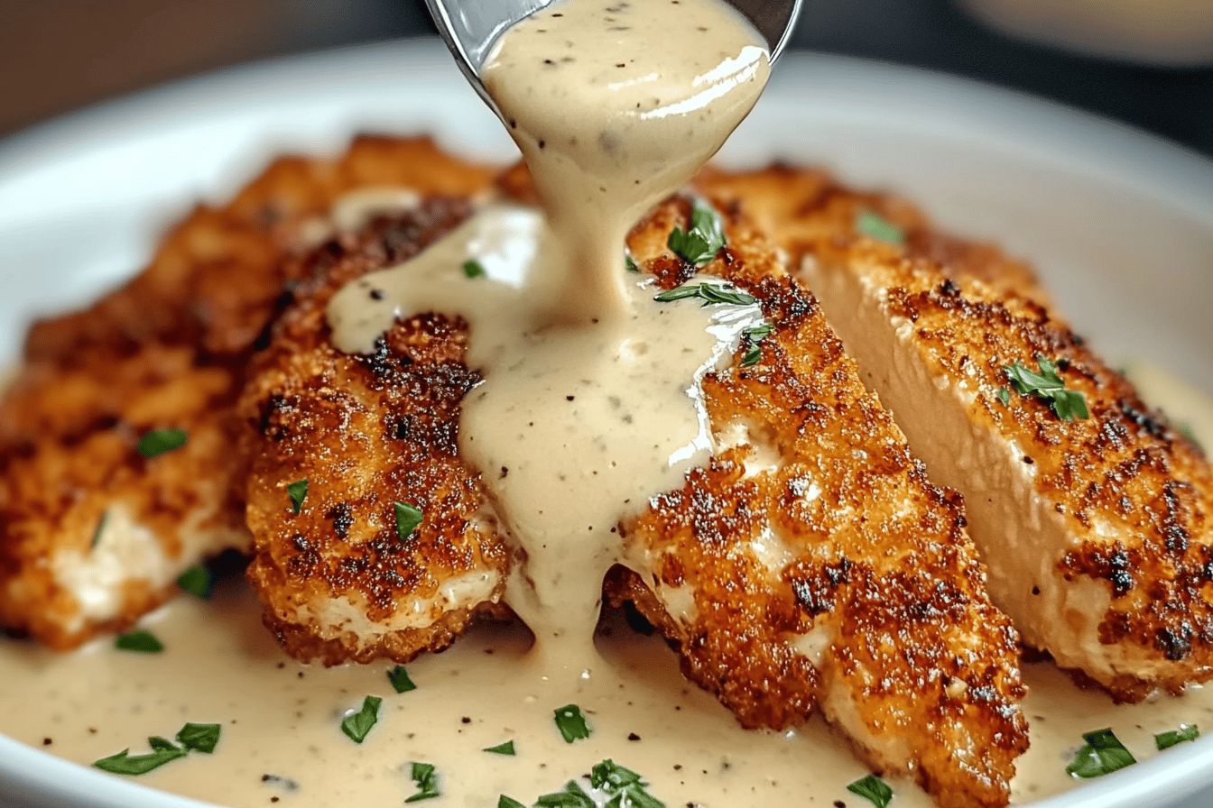 Parmesan Crusted Chicken with Creamy Garlic Sauce