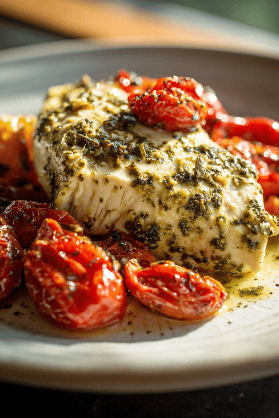 Creamy Pesto Chicken with Roasted Tomatoes Dinner