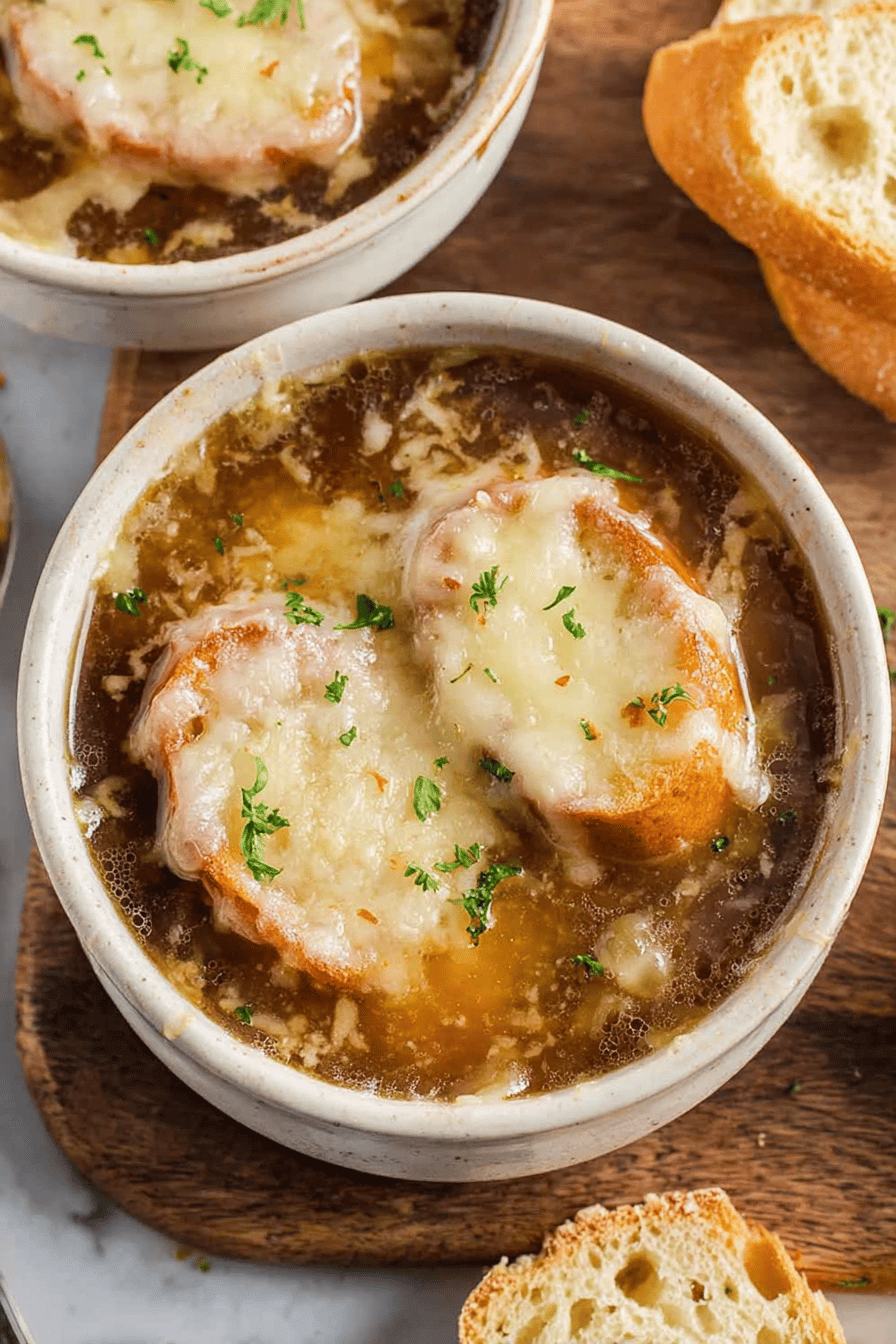 Easy French Onion Soup with Gruyere and Baguette