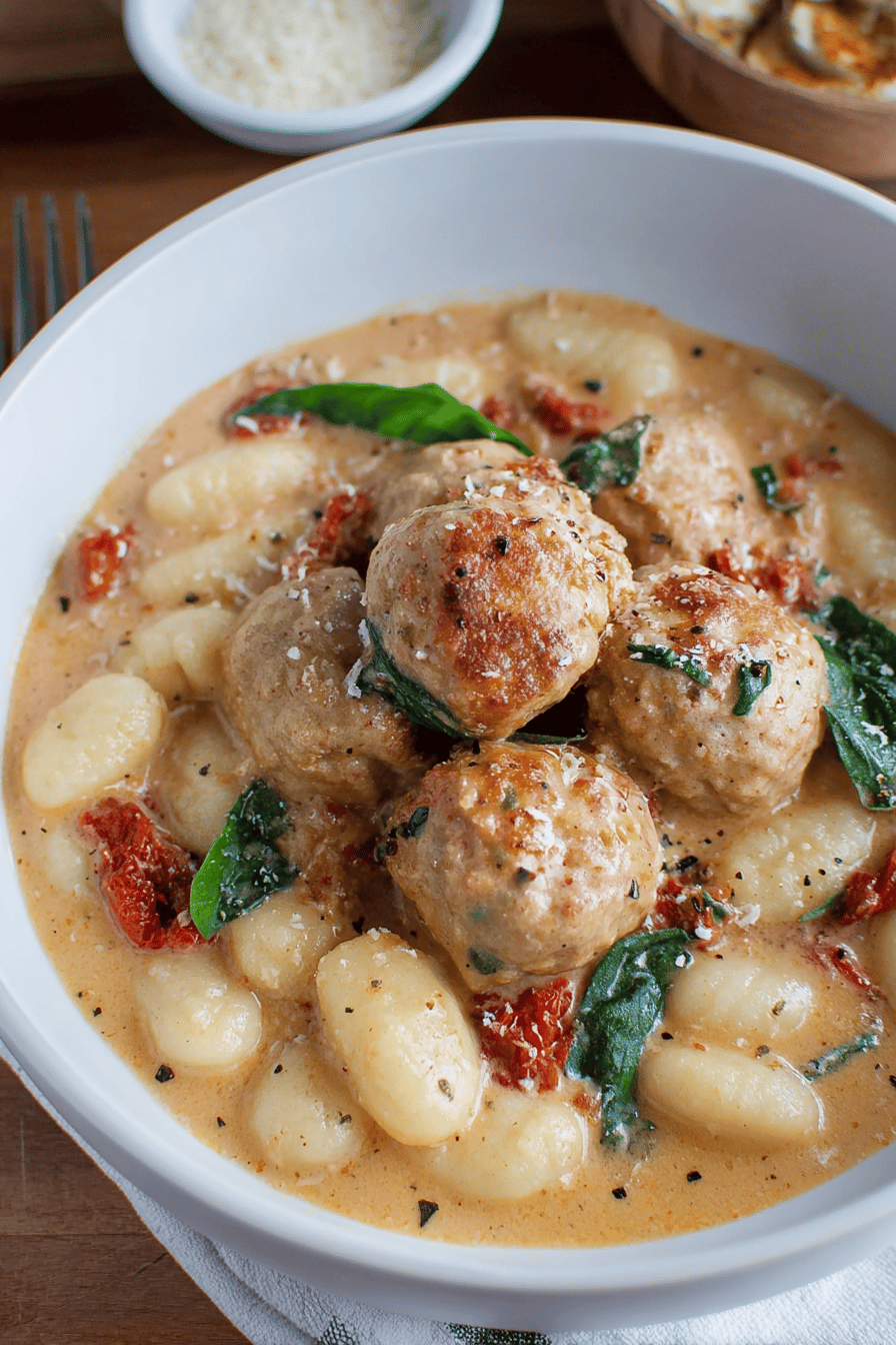 Slow Cooker Tuscan Chicken Meatballs with Gnocchi