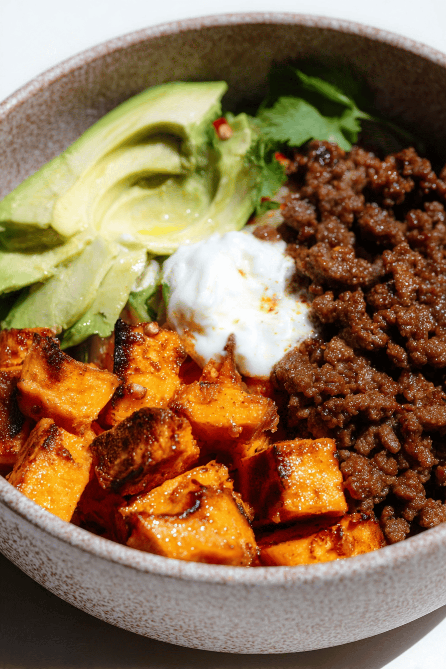 Spicy Hot Honey Beef Bowls with Sweet Potatoes
